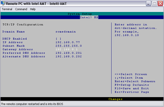 BIOS - 英特尔 AMT 可管理性引擎 - TCP IP 配置